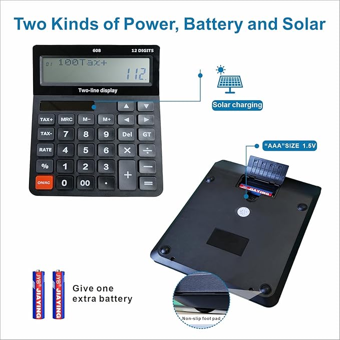Battery and Solar Unique 120-Step Calculation Check Memory 12 Digit 2 Line Extra Large Calculator Big Buttons and 5.5" LCD Display, Configurable Tax Rate Financial Calculator for Tax Calculations