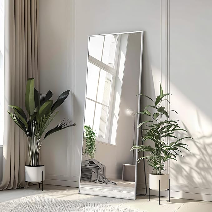 MELOMOIR 56"x18" Full Length Mirror, Silver Floor Mirror with Stand Hanging or Leaning, Aluminum Alloy Frame Full Body Mirror for Bedroom Living Room Cloakroom Hallway, Wall Mirror Full Length, Silver