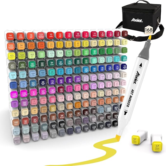ABEIER Alcohol Markers, 168 Colors Dual Tip (Fine & Chisel) Art, Coloring Markers for Adults Kid, Ideal for Book Drawing Sketching Painting, Card Making, Includes 1 Colorless Blender