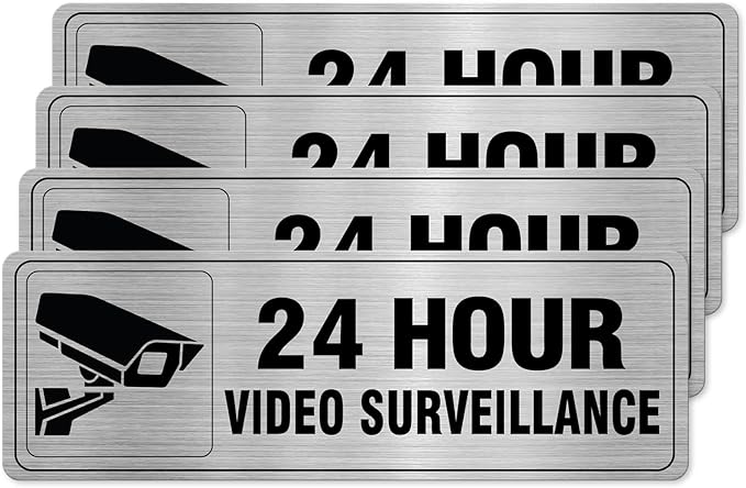 24 Hour Video Surveillance Sign Aluminum Silver 9 x 3 Inches Self-Adhesive Waterproof Metal Door Wall Sign for Business Restaurants 4 Pack