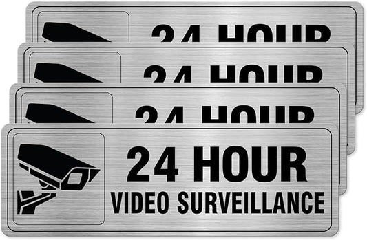 24 Hour Video Surveillance Sign Aluminum Silver 9 x 3 Inches Self-Adhesive Waterproof Metal Door Wall Sign for Business Restaurants 4 Pack