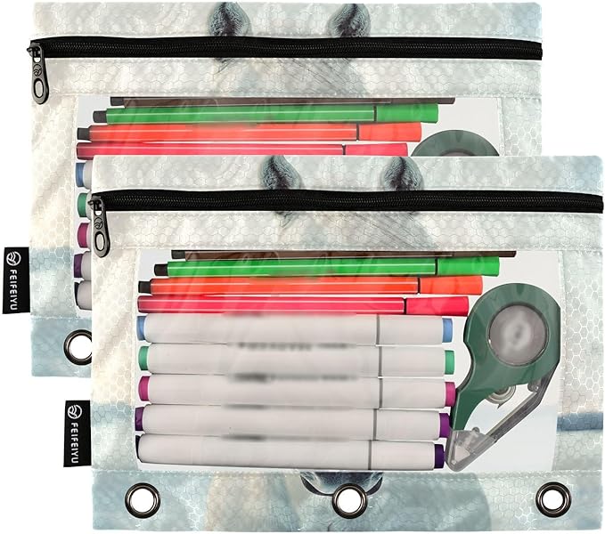 White Horse Looking Pencil Pouch for 3 Ring Binder, 2 Pack Waterproof Pencil Bags Clear Window Zipper School Office Supplies