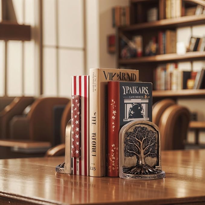 Vintage Bronze Finish Tree of Life Bookends Set, 2 Non-Skid Heavy Bookends for Shelves or Bookcase, Decorative Bookends for Desktop Shelf Decor, Library Office Decor, Home Décor Gift