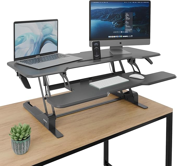 Mount-It! 47" Standing Desk Converter, Large Wide Tabletop Height Adjustable Desk Riser with Gas Spring, Desktop Sit Stand Up Desk with Keyboard Tray Fits 2 Monitors or Monitor and Laptop, Black
