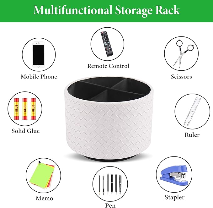Hennaja Round Leather Art Supply Organizer,Remote Control Holder,360 Degree Spinning,Multi-Functional Pencil Holder,4 Compartments Desktop Stationary Organizer(1-Weave White)