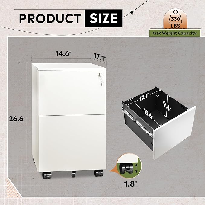 DEVAISE 2-Drawer Rolling File Cabinet with Lock, Metal Filing Cabinet for Home Office, Fully Assembled Under Desk, White, 17" D x 15" W x 27" H