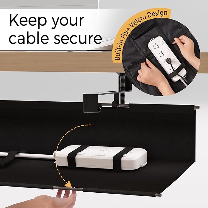 Under Desk Cable Management Tray 27.2" - No Drill Computer Wire Organizer Cable Tray, Cord Hider Clamp Mount with 16X Cable Ties PC Cables Management Cord Holder for Office/Home (Upgrade Fabric,Black)