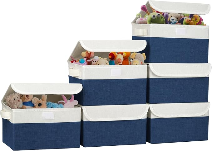 Small 8 Quart Linen Fabric Foldable Storage Bin Cube Organizer Basket with Lid & Handles, Collapsible Decorative Box Container for Home, Dorm, Closet (Navy Blue & White, 10"x8"x6", 6-Pack)