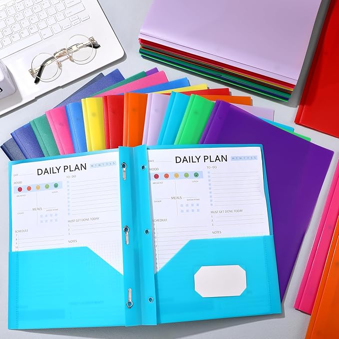 Patelai 48 Pcs Plastic Folders with 2 Pockets and 3 Prongs Home Folders with Card Slot Letter Size Heavy Duty Report Covers for Back to School(Stylish Color,Classic)