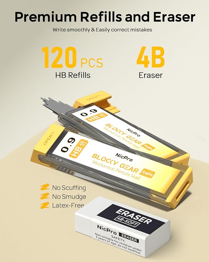 Nicpro Blocky Gear 0.9 mm Mechanical Pencils Set in Case, Metal Pencil with 0.9mm HB Lead Refills, Eraser for Professional & Adult Art Writing Drafting Drawing