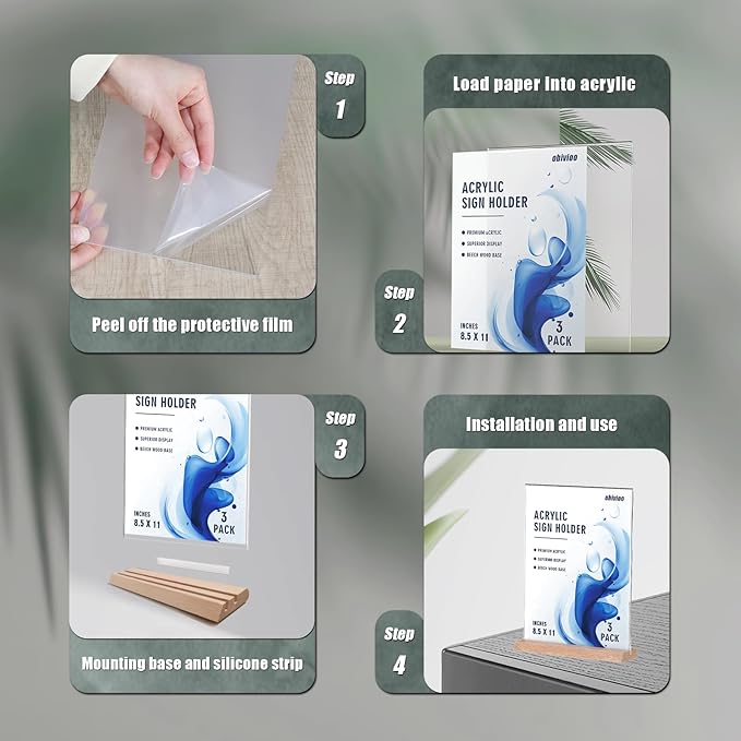 Acrylic Sign Holder 8.5 x 11 with Combined L and T-Shaped Wood Base,High Transparency Table Card Stand for Advertisements, Menu, Picture,Honor Certificates or other Flyers(3 packs)