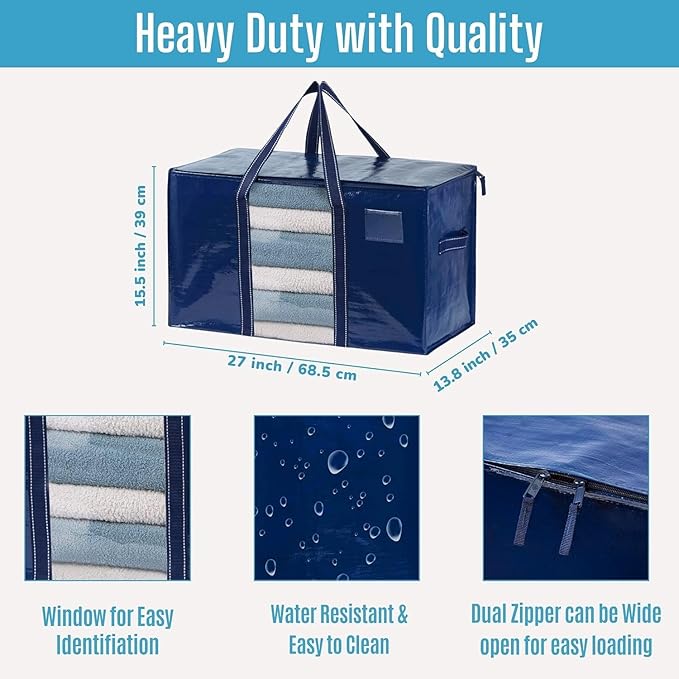 VENO 2 Pack Moving Bags, Moving Supplies, Moving Boxes, College Packing Storage Boxes with Lids Alternative, Heavy Duty Totes, Extra Large, Sturdy Handles, Zipper (Blue with Window, 2 Pack)