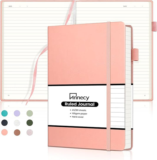 Annecy Lined Journal Notebook, Hardcover Numbered College Ruled Journal, Medium 5.5x 8.25, 160 Pages 100GSM Writing Paper, Peach Pink