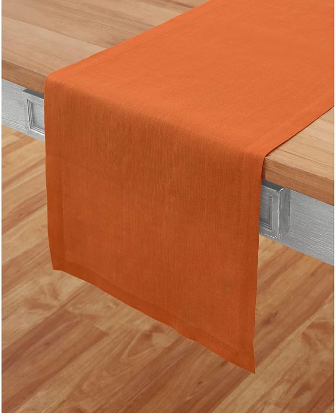 Solino Home Linen Pumpkin Table Runner 48 Inches - 100% Pure Linen Farmhouse Short Table Runner 14 x 48 Inch Ideal for Dresser and Coffee Tables - Fete - Fall, Autumn, Thanksgiving, Holiday