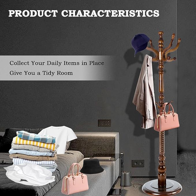 Coat Racks FreeStanding with 11 Hooks, Natural Wood Coat Rack with Solid Round Base, Adjustable Height Coat Racks, Easy Assembly for Hallway, Bedroom and Office (Walnut-Solid Round Base)