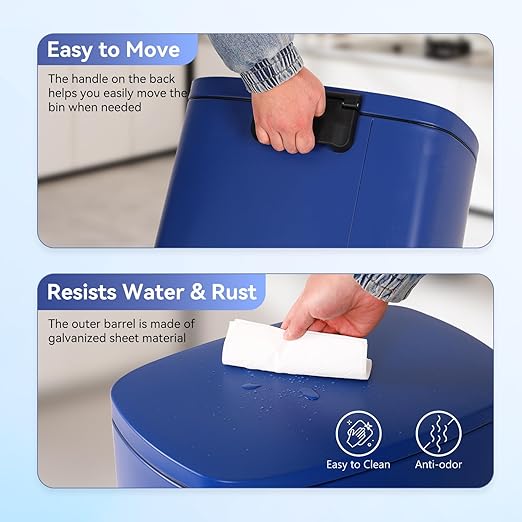 PayLessHere Stainless Steel Trash Can with Lid - Removable Inner Bucket, Foot Pedal Soft Close for Office, Home, Kitchen Garbage Bin (Deep Blue, 13 G)