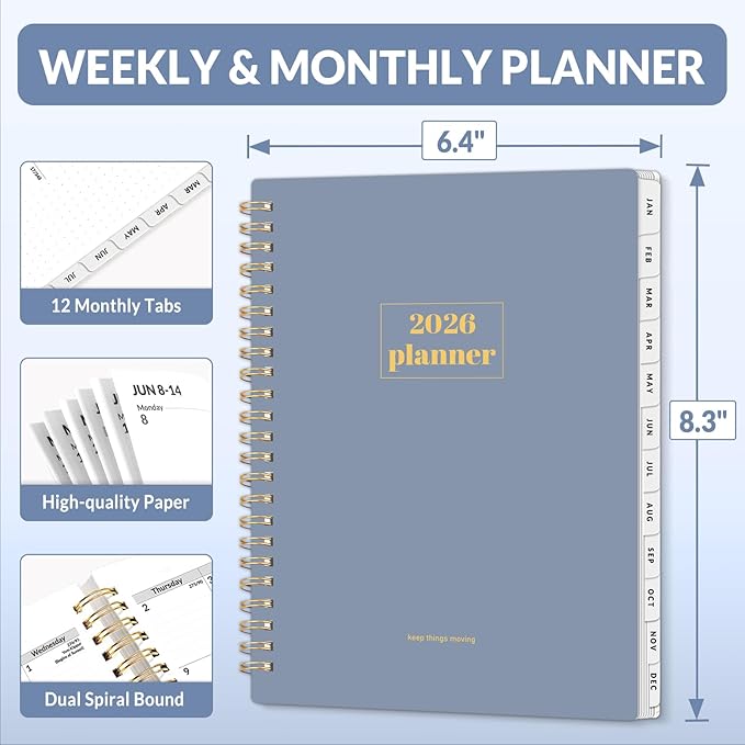 SUNEE Planner 2026 Weekly and Monthly, January 2026-December 2026, 6.4"x8.3", Tabs, Note Pages,Spiral Binding, Blue