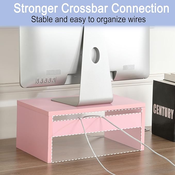 TEAMIX Pink Monitor Stand Riser-6.7 inch, Wood Higher Monitor Riser with Storage for Desk, Laptop Riser Computer PC Stand for Desktop Workspace Home Office(Pink-Higher)