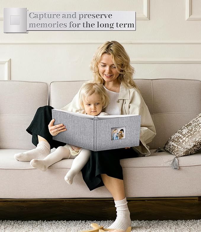 Photo Album Self Adhesive Scrapbook Album for 3x5 4x6 5x7 8x10 Pictures,40 Pages Linen Cover with Display Window DIY Photo Book,Ideal Gifts for Family Travel Wedding Baby