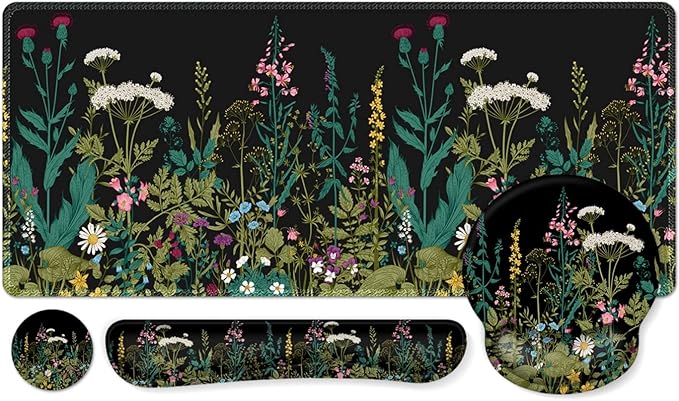 iCasso Large Mouse Pad, Mouse Pad Wrist Support Set,4in1 XXL Large Mousepad + Keyboard Wrist Rest+Mouse Wrist Rest+Coaster Set with Ergonomic Design for Home Office Table Computer-Weeds