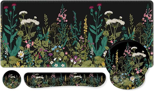 iCasso Large Mouse Pad, Mouse Pad Wrist Support Set,4in1 XXL Large Mousepad + Keyboard Wrist Rest+Mouse Wrist Rest+Coaster Set with Ergonomic Design for Home Office Table Computer-Weeds