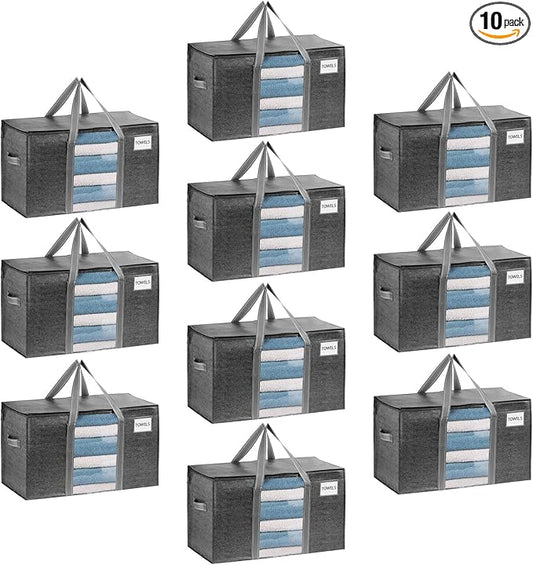 VENO 10 Pack Moving Bags, Moving Supplies, Moving Boxes, College Packing Storage Boxes with Lids Alternative, Heavy Duty Totes, Extra Large, Sturdy Handles, Zipper (Dark Gray with Window, 10 Pack)