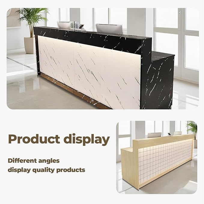 Modern Reception Desk Front Desk with LED Strip Lighting, Lockable Drawers, and Versatile Storage for Office, Checkout (White + Black Maple/Storage Type, 70.87" L*23.62" W*39.37" H)