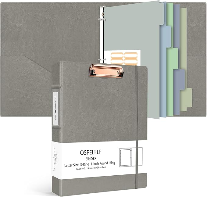 Ospelelf 3 Ring Binder With Clipboard 1 Inch Leather for Letter Size (8.5" x 11"), 5 Tab Dividers Office Supply, Grey