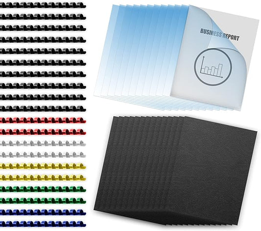 HOUYEE Binding Covers and Combs Set, 8.5x11 Inches, Including 50 Pcs Leather Texture Paper Binding Covers, 50 Pcs 8 Mil Clear PVC Sheets and 20 Pcs Assorted Combs