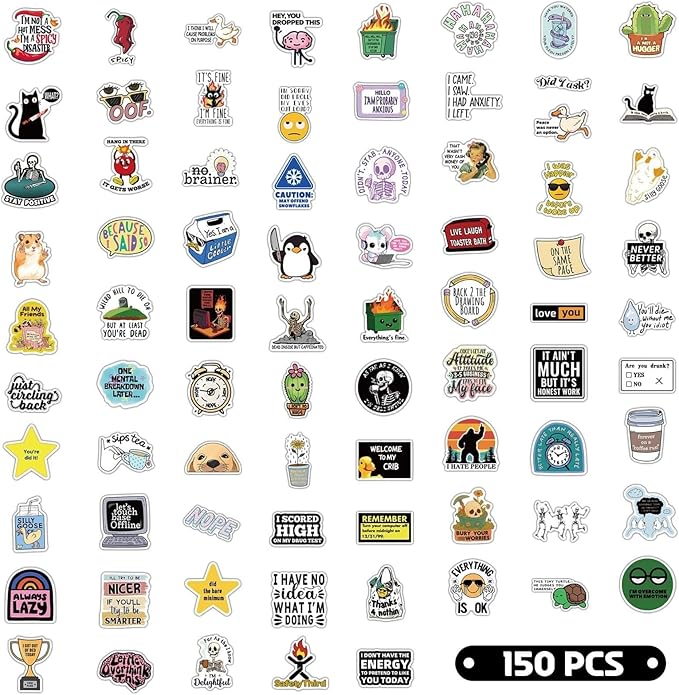 150 PCS Hilarious Stickers for Adults,Funny Meme Sarcastic Weird Snarky Cool Dark Humor Sticker Packs for Bumper Water Bottles Laptops Scrapbooking Waterproof Men Work Decals
