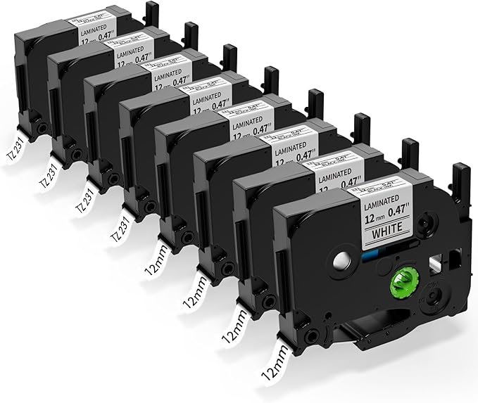 Label Maker Tape Replace for Brother P Touch Label Tape TZe-231 12mm 0.47 Laminated White TZe TZ 231 Refills Replacement for Brother Label Maker PTouch PTH-110 111 D220 D210 D410,8 pk