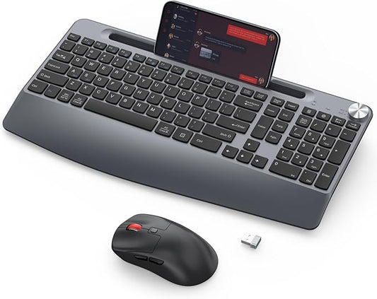 Ergonomic Wireless Keyboard and Mouse with Wrist Rest，Phone Holder - 2.4GHz Full-Sized Low-Profile Quiet Wireless Mouse and Keyboard Combo for Computer, Laptop, PC, Mac-Grey