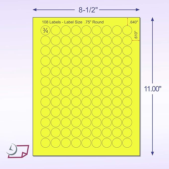 8-1/2 x 11" Neon Color High Light Fluorescent Labels for Laser & Inkjet Printer (Yellow Fluorescent, 3/4" Round - 108 Per Page | 2700 Labels)