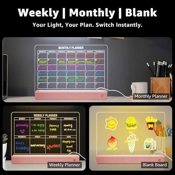 LED Note Board with 8 Colors，Acrylic Dry Erase Board with Light, Clear Monthly/Weekly Calendar, Led Drawing Board for Kids with Stand, 8 Markers, Adapter, Soft Cloth, Holiday Trend Gift (Pink)