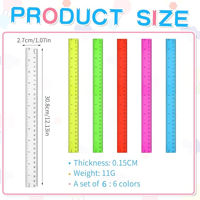 Zonon 6 Pcs 12 Inch Ruler Bulk Plastic Flexible Straight Metric Rulers with Centimeters and Inches Drafting Measuring Tool for Classroom School Students Education(Colorful)