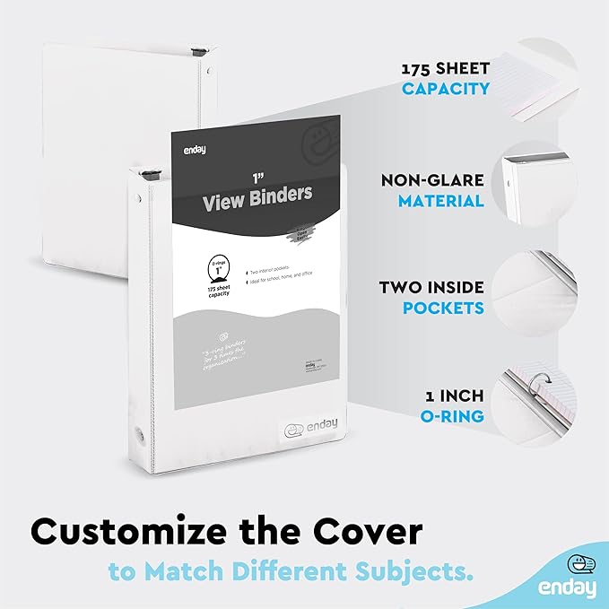 1 Inch 3 Ring Binder 1” Binder White Clear View Cover with 2 Inside Pockets, Colored School Supplies Office and Home Binders, 6 Pack – by Enday