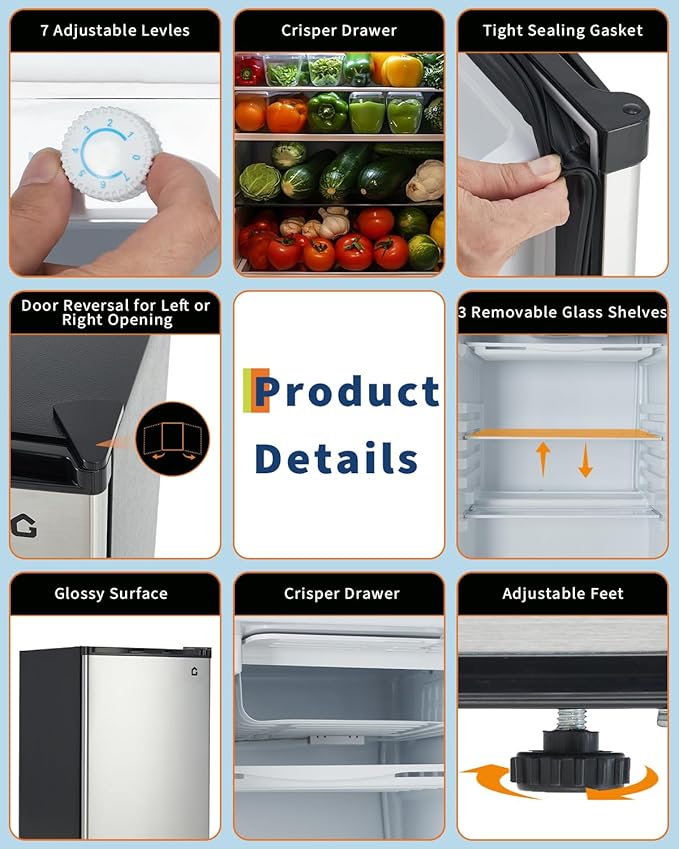 Garvee 4.5 Cu.Ft Mini Fridge with Freezer, Large Cpacity & Energy-efficient System, Low Noise 38dB with Adjustable Thermostat, Small Refrigerator for Bedroom, Office, Dorm