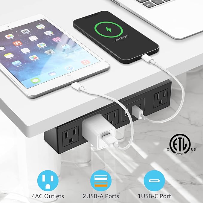 HHSOET Under Desk Power Strip with 3M Adhesive, Removable Under Desktop Mount Plug with Fast Charging USB C and USB A Ports, 4 Outlet Under Table Surge Protector 1200J, 10FT Extension Cord. (Black)