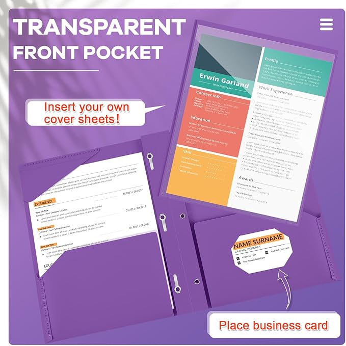 Henoyso 72 Pcs Plastic Folder with Clear Front Pocket and 3 Prong Plastic Folders with Card Slot Pocket Folders with Prongs for School Office (Purple)