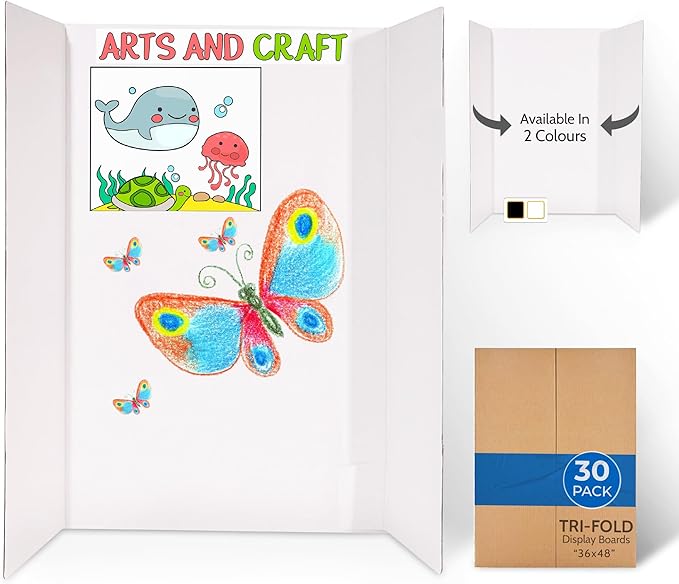 EPI Tri Fold Cardboard Display Board. Large 36 x 48in White Tri-fold Poster 30 Pack. Professional Presentation Boards with Rounded Corners for Science Fair Project, School and Business Presentations