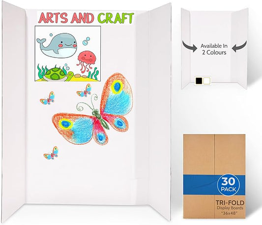 EPI Tri Fold Cardboard Display Board. Large 36 x 48in White Tri-fold Poster 30 Pack. Professional Presentation Boards with Rounded Corners for Science Fair Project, School and Business Presentations
