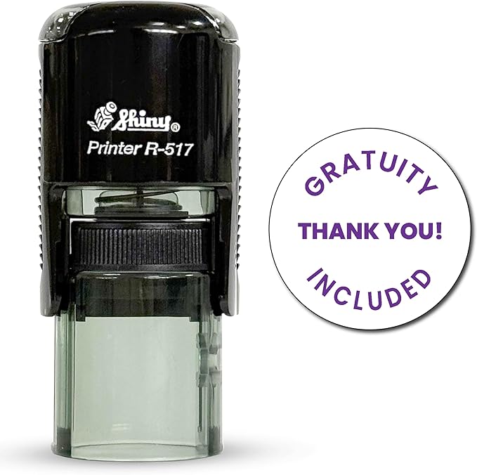 Shiny Gratuity Included Stamp, Round Self Inking Stamp for Restaurant, Bar and Retail, Purple Ink