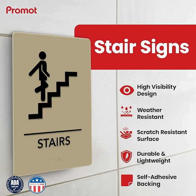 Promot Stair Sign – ADA Braille Stairway Sign for Business, Self-Adhesive, 9" x 6", Commercial Door Signage, Office Wall Decor - Taupe