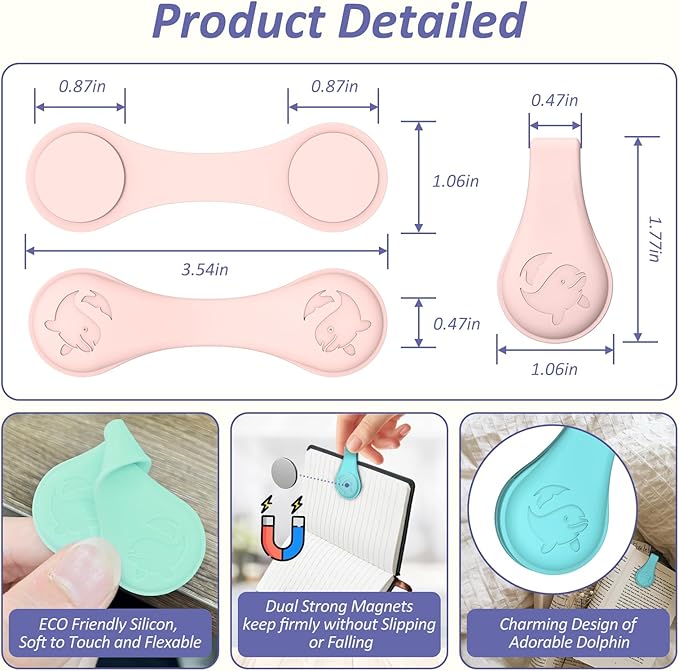 Magnetic Silicone Bookmarks for Reading Book, 3 PCS Extra Strong Magnetic Book Mark Clip Cute Dolphin Book Page Holders Accessories Gift for Women, Men, Book Lovers, Teachers, Readers, Kids