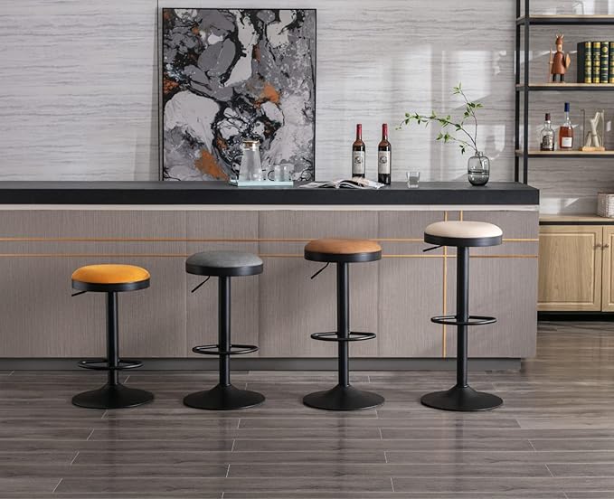Round Swivel Counter Height Bar Stools Set of 4 Modern Adjustable Barstools Backless PU Leather Bar Chairs Industrial Island Chairs with Metal Base/Footrest for Kitchen Island/Pub/Bar, Beige