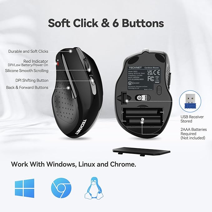 TECKNET Wireless Silent Mouse, Quiet Click, 2.4G Optical Cordless Mouse, 6 Adjustable 4000 DPI, Computer Mice for Laptop, Chromebook - Black
