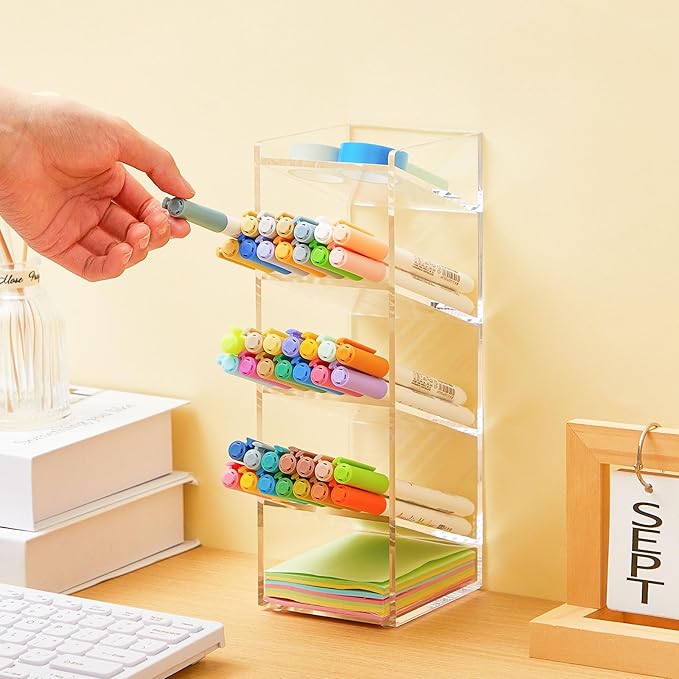 Acrylic Pen Organizer Storage for 50 Markers Vertical Marker Organizer Acrylic Pen Display Holder for Office Desk Desktop Stationery Pencil Storage, Clear, 3.4 x 4 x 10.2 Inch