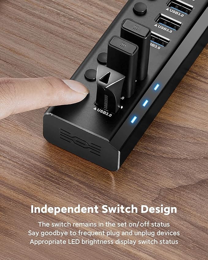 USB Hub 3.0 Powered Rosonway Aluminum 7 Ports USB 3.0 Data Hub Splitter with 24W (12V/2A) Power Adapter and Individual On/Off Switches USB Port Expander for PC and Laptop (RSH-A37S)