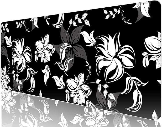 Desk Mat, 32" x 12" XXL Extended Large Gaming Mouse Pad, Desktop Decor Desk Pad, Cute Men Women Office Supplies and Accessories, XL Mouse Mat for Laptop & Keyboard, Black White Flowers
