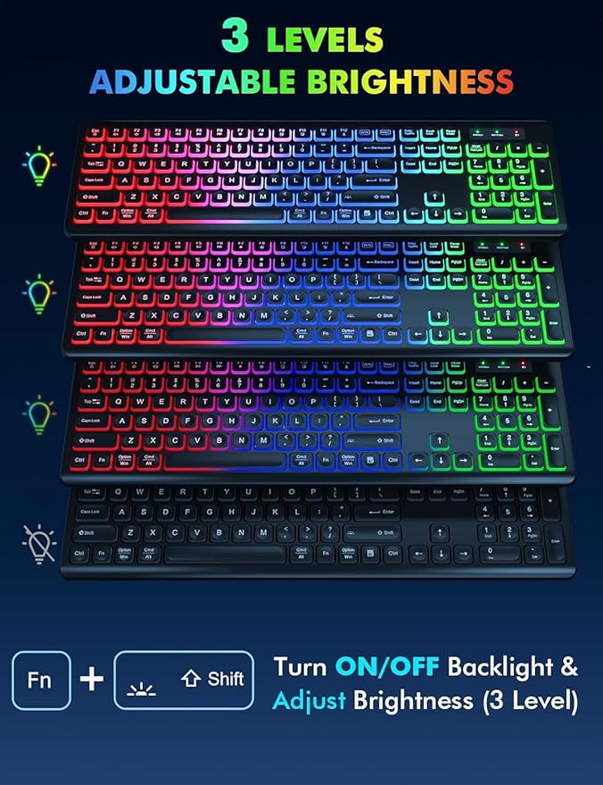 Wireless Keyboard and Mouse Combo - RGB Backlit, Rechargeable & Light Up Letters, Full-Size, Ergonomic Tilt Angle, Sleep Mode, 2.4GHz Quiet Keyboard Mouse for Mac, Windows, Laptop, PC